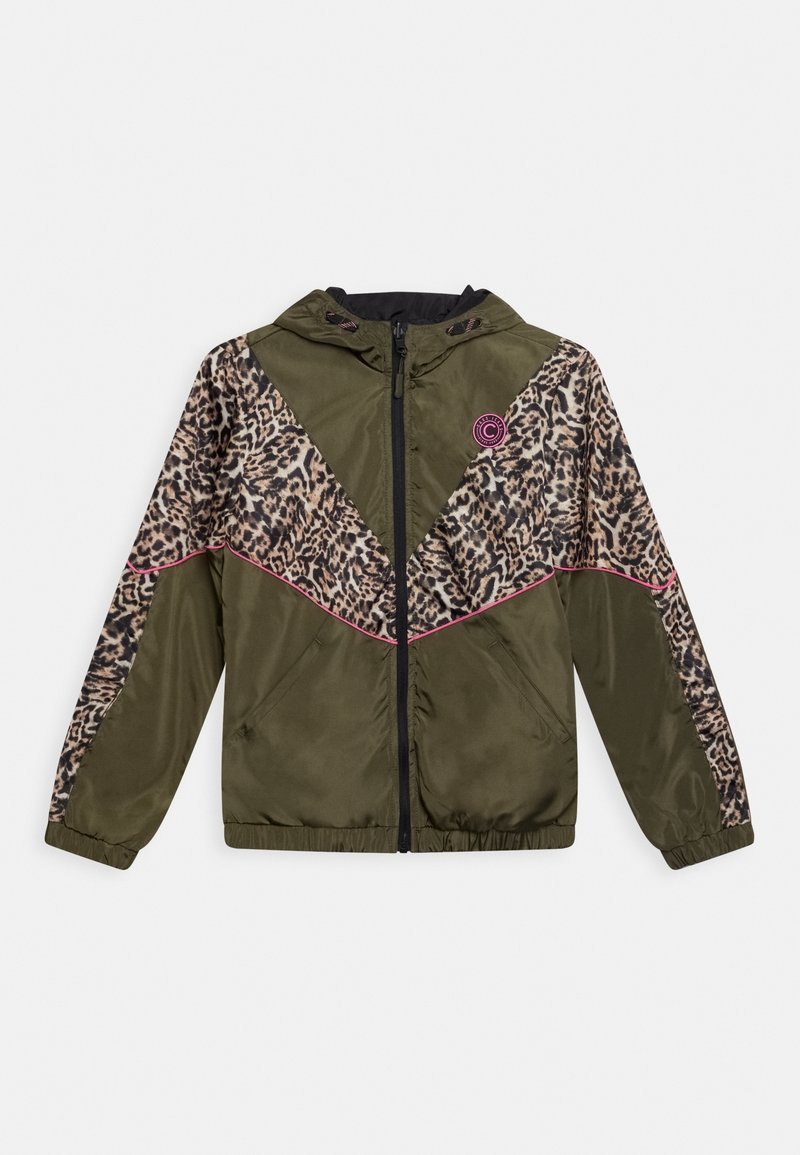 Olivgrüne Jacke mit Leopardenmuster-Akzenten, Kapuze, Reißverschluss, pinker Paspelierung und elastischen Bündchen. Leichtes, elegantes Design.
