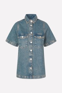 Denim shirt in light blue with short sleeves, button-up front, two chest pockets, and contrast stitching. Classic collar design.