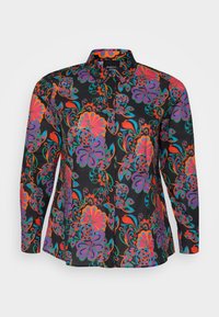 Camicia a maniche lunghe con colletto in tessuto nero, caratterizzata da un vivace motivo floreale e paisley nei colori viola, rosso e turchese.