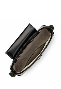 Borsa a tracolla in pelle nera con un design strutturato. L'interno presenta una fodera in tessuto chiaro, diversi scomparti e un fermaglio in hardware dorato.