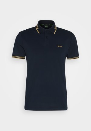 Navy blue polo shirt in cotton blend with a two-button placket, gold accent stripes on cuffs, and "BOSS" logo embroidered on the chest.