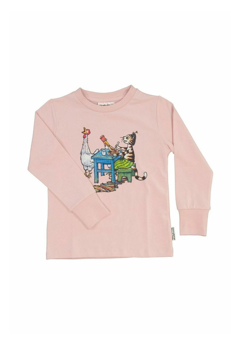 Ljusrosa långärmad bomullsskjorta med en grafisk bild av en katt och en kyckling vid ett blått bord, med en lekfull design och färgglada detaljer.