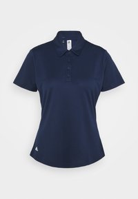 Navy polo shirt made of breathable fabric, featuring a collared neckline, three buttons, short sleeves, and a small logo at the hem.