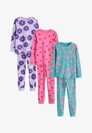 Trys ilgomis rankovėmis vaikiški pižamos komplektai su gėlių, taškelių ir širdelių raštais violetinės, rožinės ir žalsvai mėlynos spalvų.