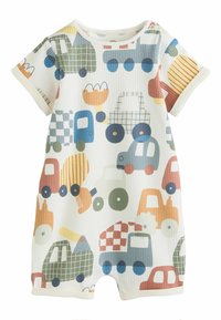Bebi romper s kratkim rukavima s šarenim crtić vozilima uključujući automobile, kamione i građevinske strojeve na bijelom rebrastom tkanju.