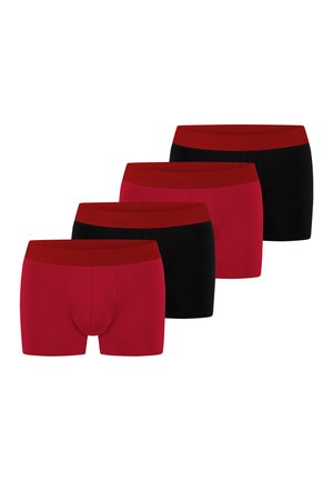 Vier Paar Herrenboxershorts in abwechselnden roten und schwarzen Farben mit dunkelroten Bundbändern.