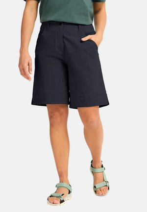 Marineblaue Shorts mit lockerem Sitz, versehen mit einer glatten Textur, Gürtelschlaufen und Seitentaschen. Kombiniert mit grünen und schwarzen Sandalen.