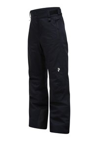 Zwarte waterdichte skibroek met ritssluitingen op de zakken, verstelbare tailleband, verstevigde knie9bieden en ademende stof voor actieve sporten.