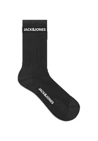 Chaussettes en coton noires avec une texture côtelée, arborant un logo blanc "JACK&JONES" sur la cheville et un design simple et classique.