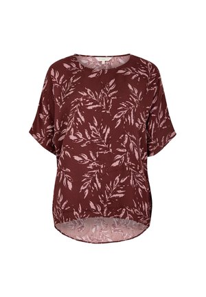 Bordeaux blouse van lichtgewicht stof, met een bladpatroon in lichtroze, ronde halslijn en korte mouwen met een gebogen zoom.