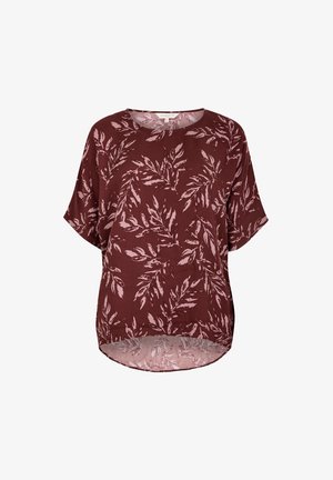 Bordó blůza vyrobená z lehkého materiálu, se vzorem listů v světle růžové, zaobleným výstřihem a krátkými rukávy s zakřiveným lemem.