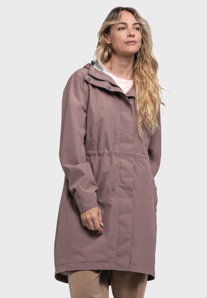 Helle rosa wasserdichte Jacke mit Kapuze, die eine taillierte Taille, lange Ärmel und einen geraden Schnitt aufweist, entworfen für den Outdoor-Einsatz.