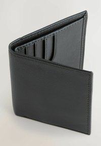 Black leather wallet featuring a smooth texture, multiple card slots, and stitched detailing. Folded design allows for easy storage and access.