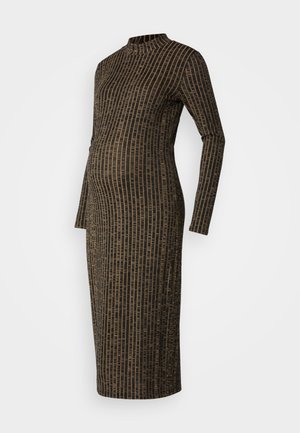 Pitkähihainen, vartalonmyötäinen neulemekko, jossa on korkea kaulus ja musta-kultainen pystyraitakuosi. Polveen saakka ulottuva pituus.