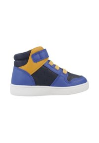 Zapatillas altas en azul, marino y mostaza, con cordones amarillos, una tira de velcro y una suela de goma blanca.