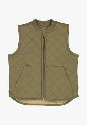 Veste sans manches matelassée vert olive avec fermeture éclair frontale, col côtelé, deux poches avant et doublure en polaire visible à l'ourlet.
