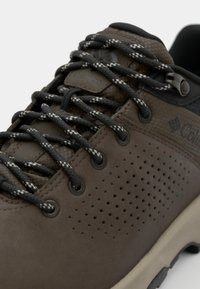 Brown hiking shoe featuring a textured upper, perforated design, contrasting black accents, and black-and-white patterned laces.