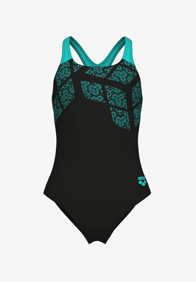 Maillot de bain une pièce noir avec des accents turquoise et un motif géométrique sur la poitrine. Comprend des bretelles croisées et une coupe standard aux jambes.