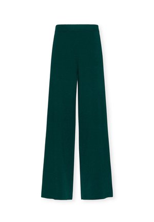 Pantaloni larghi verdi con una superficie liscia, una vita elastica e senza tasche visibili o decorazioni. Progettati per un uso casual.
