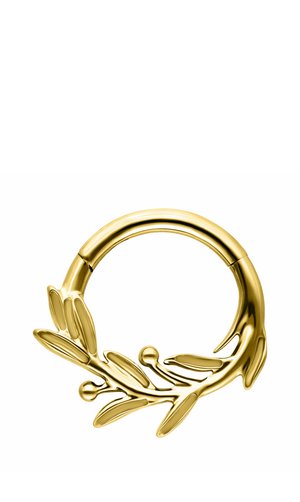 Goldener Creolen-Ohrring in Form eines Zweigs mit glatten Blättern und kleinen runden Beeren, poliert und glänzend auf weißem Hintergrund.