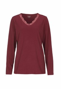 Långärmad, vinröd T-shirt med V-ringning som har en fin rosa spetskant. Gjord av mjukt tyg, med avslappnad passform och enkel design.