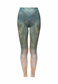 Legginsy w odcieniach zieleni, niebieskiego i pomarańczowego, wykonane z gładkiego, elastycznego materiału z abstrakcyjnym wzorem na całej powierzchni.
