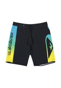 Schwarze Badeshorts mit einem blau-gelben Farbverlaufsmuster auf der linken Seite. Mit Quiksilver-Logo in fettem Schwarz. Hergestellt aus leichtem Material.