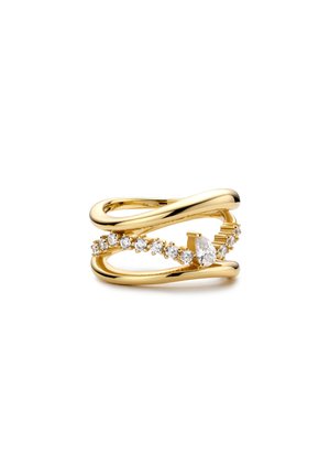 Gold-tone ring featuring twisted bands and a line of small clear gemstones, including a larger central stone, smooth surface, and glossy finish.