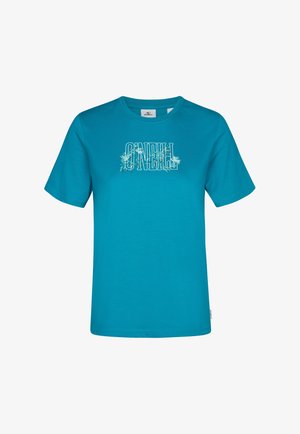 Tirkīza kokvilnas t-krekls ar īsām piedurknēm, ar baltu grafisko apdruku, kurā uzrakstīts "O’Neill" un apkārtējiem akcentiem.