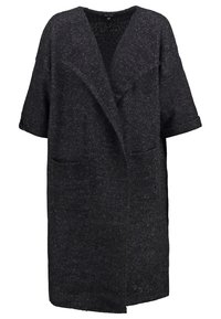 Manteau oversize en mélange de laine gris foncé avec manches trois-quarts, col à revers et deux poches plaquées à l'avant.