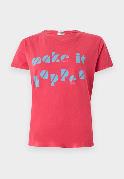 Red cotton t-shirt featuring blue text that reads "make it happen." Classic fit with short sleeves and a crew neckline.