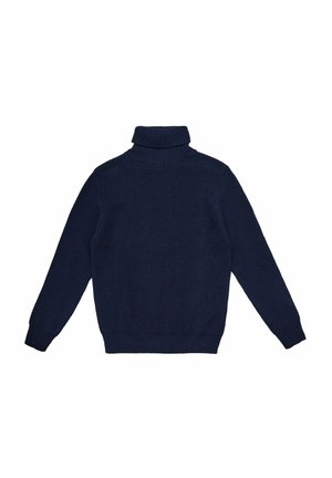 Maglione a collo alto blu navy con texture a coste, maniche lunghe e vita aderente. Presenta un colletto alto e spalle senza cuciture.