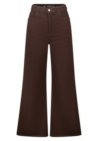 Bruine wijd uitlopende jeans gemaakt van stevig materiaal, met een klassiek ontwerp met vijf zakken, een voorste knoopsluiting en gestikte details.