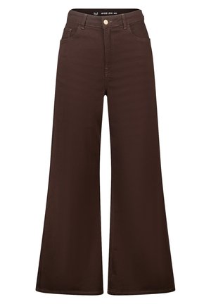 Bruine wijd uitlopende jeans gemaakt van stevig materiaal, met een klassiek ontwerp met vijf zakken, een voorste knoopsluiting en gestikte details.