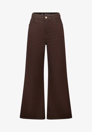 Bruine wijd uitlopende jeans gemaakt van stevig materiaal, met een klassiek ontwerp met vijf zakken, een voorste knoopsluiting en gestikte details.