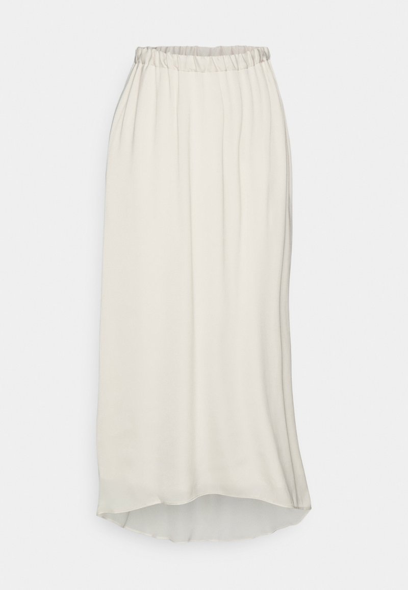 Crème, midi-rok met een elastische tailleband, voorzien van zachte plooien en een iets gebogen zoom, gemaakt van een gladde, lichtgewicht stof.