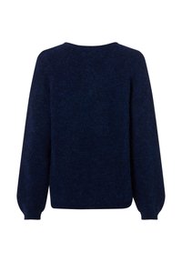 Dunkelblauer, flauschiger Pullover mit langen Puffärmeln und rundem Ausschnitt, von hinten gezeigt.