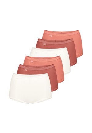Sæt af seks boxerbriefs i assorterede farver: to hvide og fire nuancer af fersken og røde toner, med en glat stofkvalitet og elastisk talje.