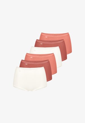 Sæt af seks boxerbriefs i assorterede farver: to hvide og fire nuancer af fersken og røde toner, med en glat stofkvalitet og elastisk talje.