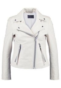 Bílá kožená motorkářská bunda s asymetrickým předním zipem, stříbrnou kovovou výbavou a dvěma zipovými bočními kapsami. Má vykrojený límec a přiléhavý střih.