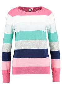 Mångfärgad randig tröja med rosa, vit, teal, grå och marinblå ränder, rund hals och långa ärmar. Mjuk stickad textur.