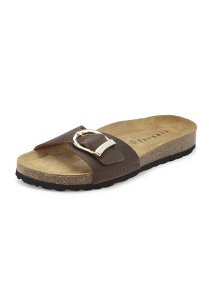Brown leather slide sandal with large silver buckle, cork footbed, and black textured sole, branded Elbsand on side and insole.