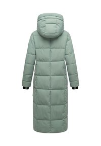 Long, quilted, light green winter coat with hood and long sleeves, shown from the back on a white background.