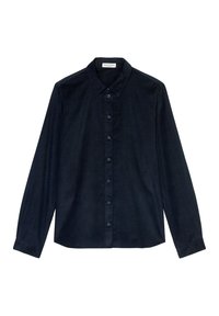 Ciemnogranatowa koszula z długim rękawem, klasycznym kołnierzem, zapinana z przodu na guziki, wykonana z gładkiej, teksturowanej tkaniny. Prosty design, bez wzorów.