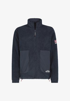 Marineblauwe fleece jas met een ritssluiting, opstaande kraag, twee opgestikte zakken aan de voorkant, en een geborduurd merkembleem op de linker mouw en zak.