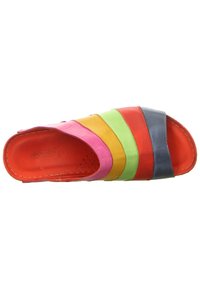 Multicolored slide sandal featuring leather construction, with horizontal stripes in red, pink, yellow, green, orange, and navy. Textured interior.