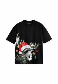 Black cotton T-shirt featuring a graphic of a moose wearing sunglasses and a Santa hat, decorated with Christmas ornaments and lights.