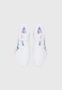 White athletic shoes with blue accents and orange branding. Mesh upper, lace-up closure, padded collar, and textured sole.