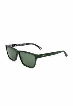 Occhiali da sole rettangolari verde scuro con aste interne decorate e marchio "Ted Baker" sulle stanghette.