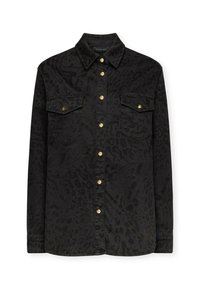 Camicia in denim nero con motivo leopardato, maniche lunghe, chiusura frontale a bottoni con bottoni color oro e due tasche sul petto.